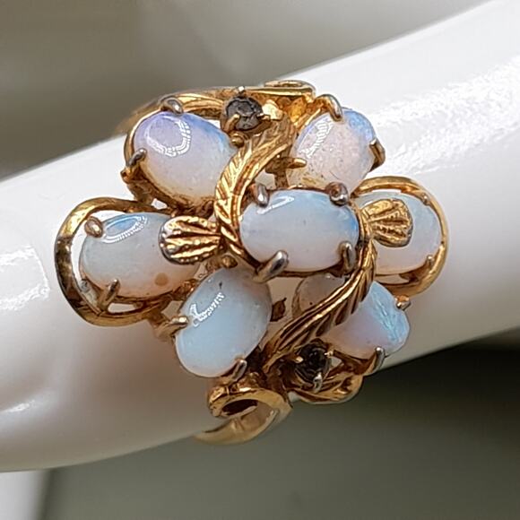 Vintage KAOS Opal Ring, Size 6 3/4, 14KHGE, 2 Dark Rhinestones - Picture 9 of 10